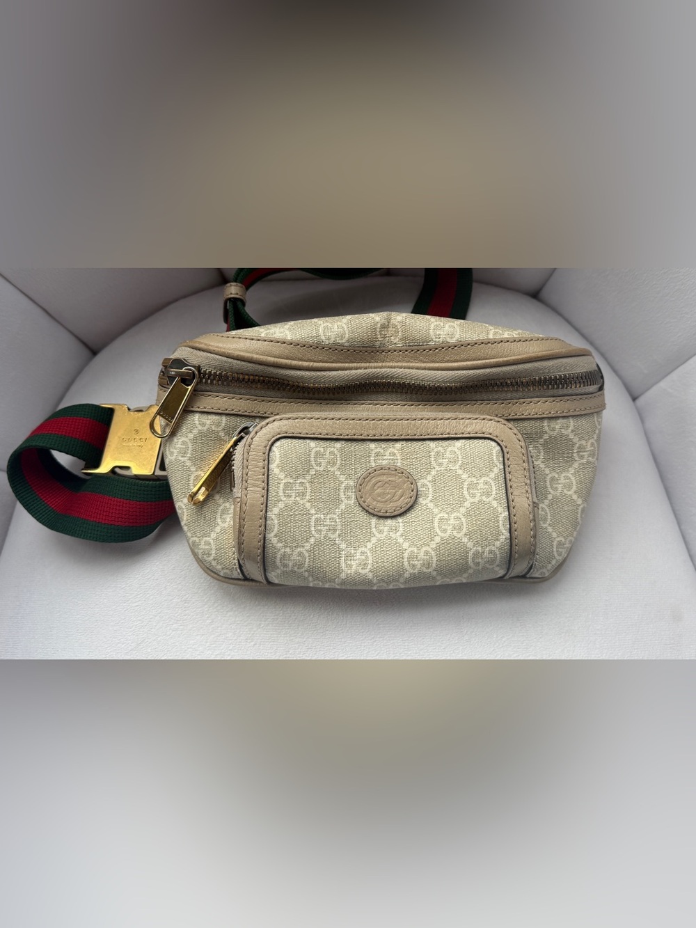 Gucci Beige Monogram Canvas Crossbody/Belt Bag with Web Stripe Strap
